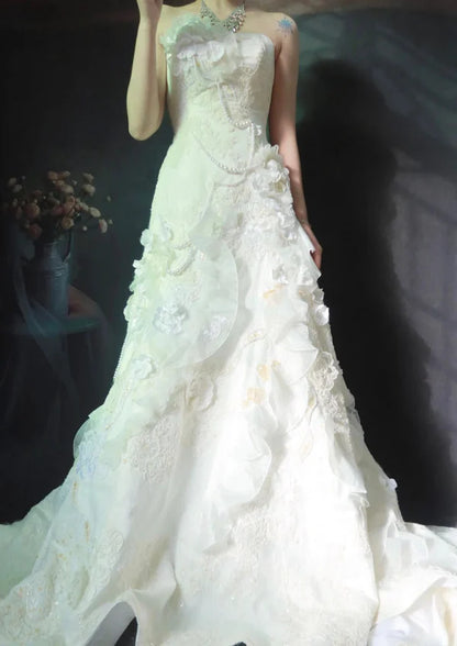 Vintage Ivory Strapless Ruffled Mermaid Wedding Dress With 3D Florals,Pearl Chain & Cathedral Train AE050