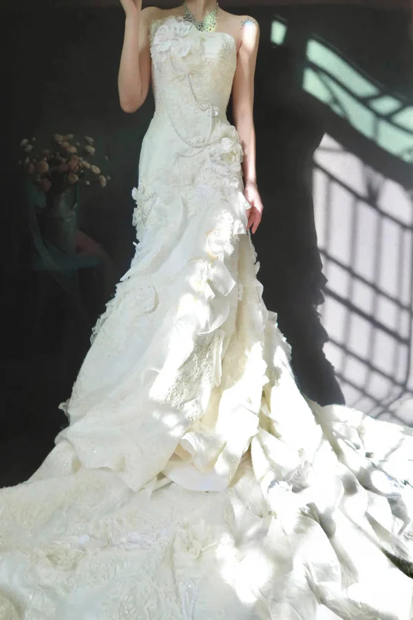 Vintage Ivory Strapless Ruffled Mermaid Wedding Dress With 3D Florals,Pearl Chain & Cathedral Train AE050