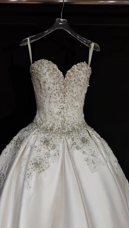 Luxury White Beaded Sweetheart Satin A-Line Long Wedding Dress With Chapel Train AE051