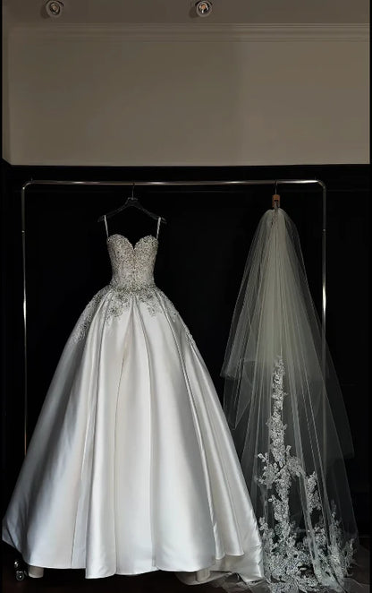 Luxury White Beaded Sweetheart Satin A-Line Long Wedding Dress With Chapel Train AE051