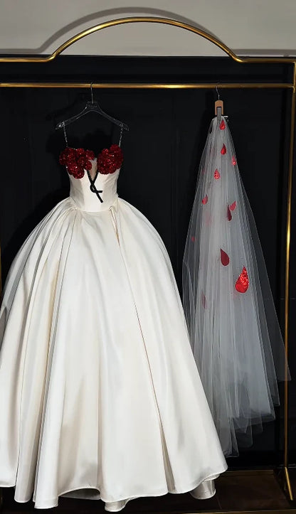 Romantic Red Floral V Neck Ivory Satin A Line Wedding Dress With Sweep Train AE055