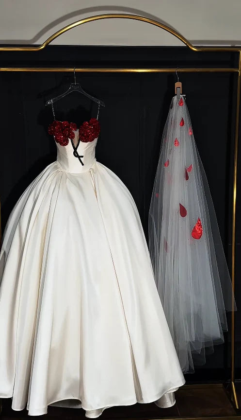 Romantic Red Floral V Neck Ivory Satin A Line Wedding Dress With Sweep Train AE055