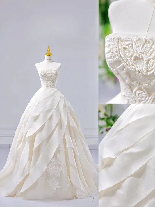 Elegant Ivory Strapless Corded Embroidery A Line Wedding Dress With Chapel Train & Layered Skirt AE053