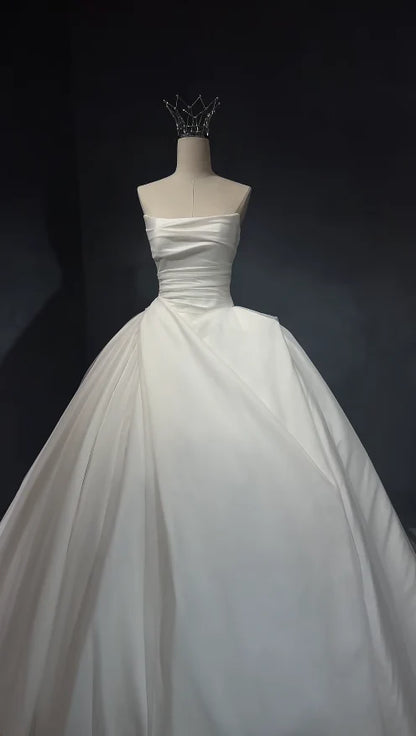 Modern White Strapless Pleated Satin A-Line Wedding Dress With Chapel Train AE054