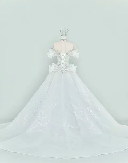Luxury White Off-The-Shoulder Beaded Sequin Bodice Mermaid Wedding Dress With Removable Cathedral Train AE056