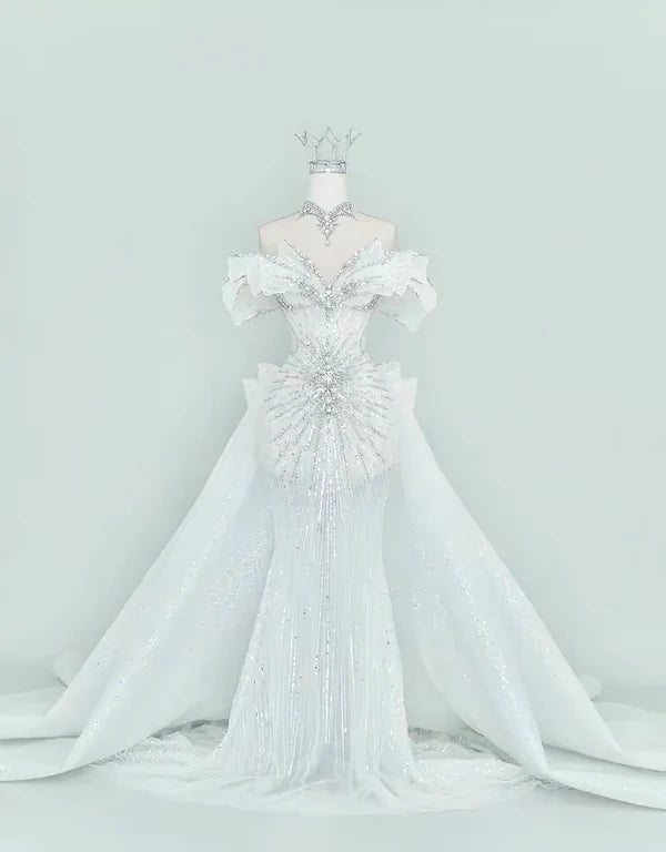 Luxury White Off-The-Shoulder Beaded Sequin Bodice Mermaid Wedding Dress With Removable Cathedral Train AE056