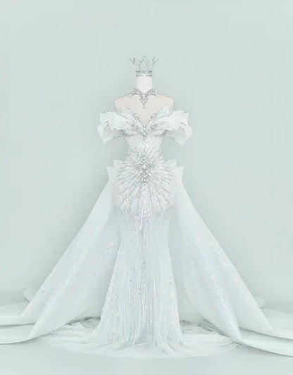 Luxury White Off-The-Shoulder Beaded Sequin Bodice Mermaid Wedding Dress With Removable Cathedral Train AE056
