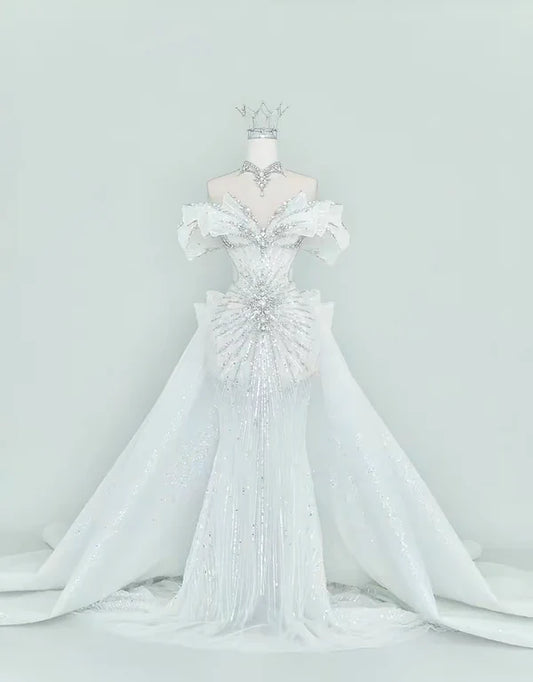 Luxury White Off-The-Shoulder Beaded Sequin Bodice Mermaid Wedding Dress With Removable Cathedral Train AE056