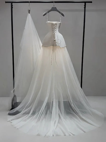 Chic Ivory Strapless A-Line Wedding Dress With 3D Floral & Sweep Train AE058