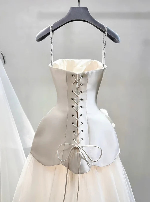 Chic Ivory Strapless A-Line Wedding Dress With 3D Floral & Sweep Train AE058
