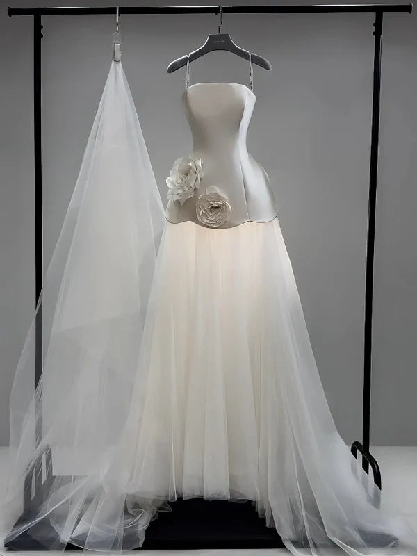 Chic Ivory Strapless A-Line Wedding Dress With 3D Floral & Sweep Train AE058