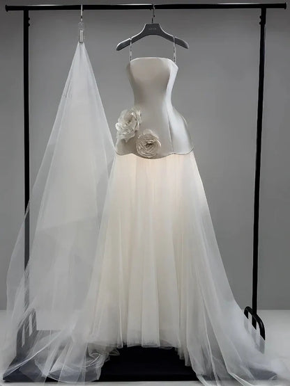 Chic Ivory Strapless A-Line Wedding Dress With 3D Floral & Sweep Train AE058