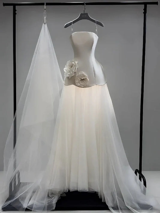 Chic Ivory Strapless A-Line Wedding Dress With 3D Floral & Sweep Train AE058
