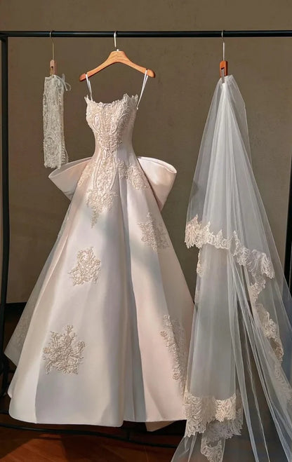 Classic White Strapless A-Line Floral Applique Wedding Dress With Chapel Train And Oversized Back Bow AE059