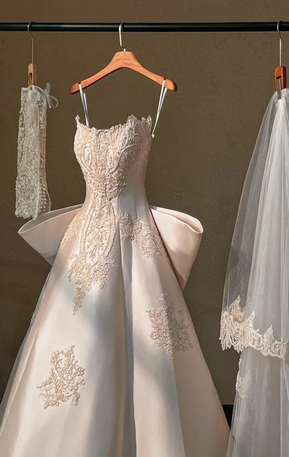Classic White Strapless A-Line Floral Applique Wedding Dress With Chapel Train And Oversized Back Bow AE059