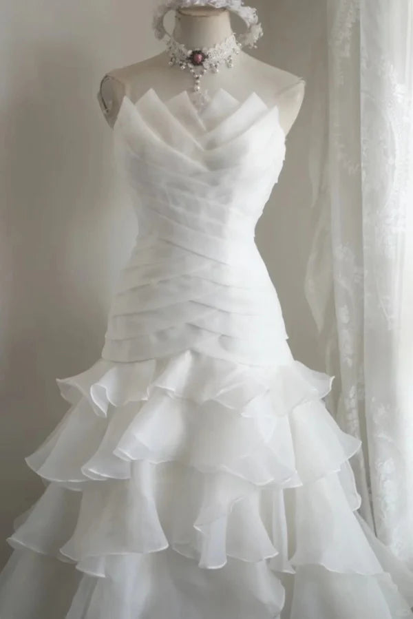 Whimsical White Strapless Tiered Ruffle Chiffon Mermaid Wedding Dress With Cathedral Train AE061