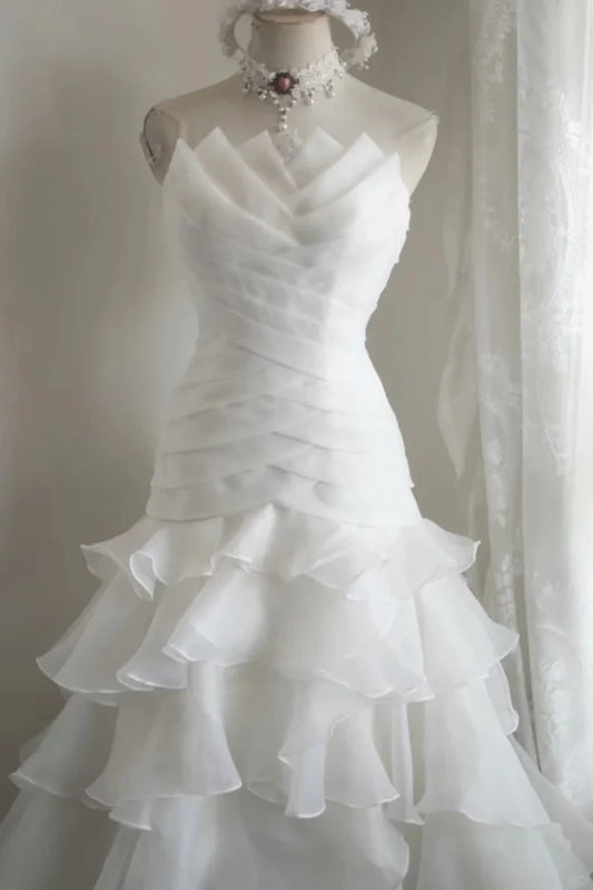 Whimsical White Strapless Tiered Ruffle Chiffon Mermaid Wedding Dress With Cathedral Train AE061