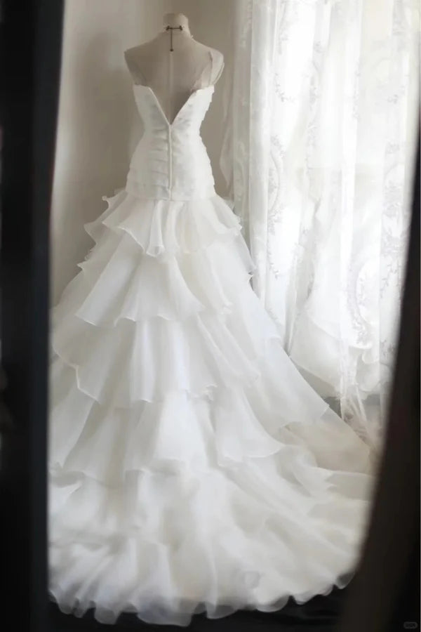 Whimsical White Strapless Tiered Ruffle Chiffon Mermaid Wedding Dress With Cathedral Train AE061