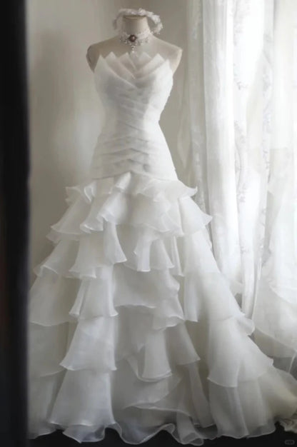 Whimsical White Strapless Tiered Ruffle Chiffon Mermaid Wedding Dress With Cathedral Train AE061