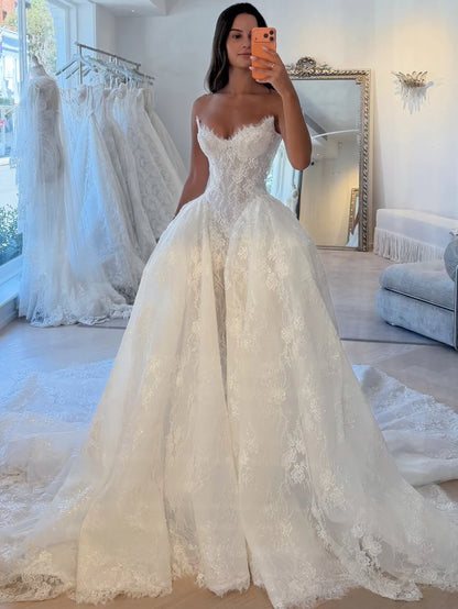 Regal White Sweetheart Neck Lace Voluminous A Line Wedding Dress With Cathedral Train AE062