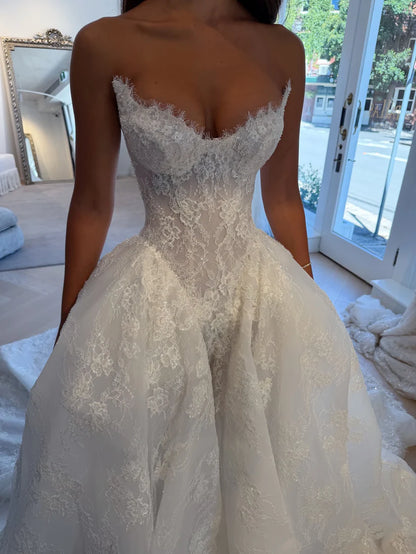 Regal White Sweetheart Neck Lace Voluminous A Line Wedding Dress With Cathedral Train AE062