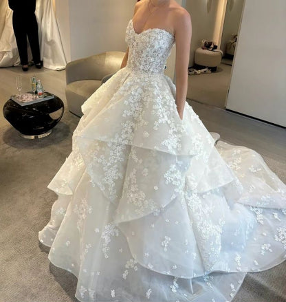 Romantic Sweetheart Handmade Floral Applique Tiered Tulle Voluminous Ball Gown Wedding Dress With Cathedral Train AE063