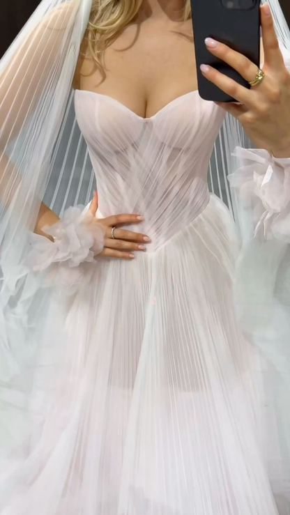 Ethereal Blush Sweetheart Neck Pleated Tulle Blush A-Line Wedding Dress With 3D Petals & Chapel Train AE064