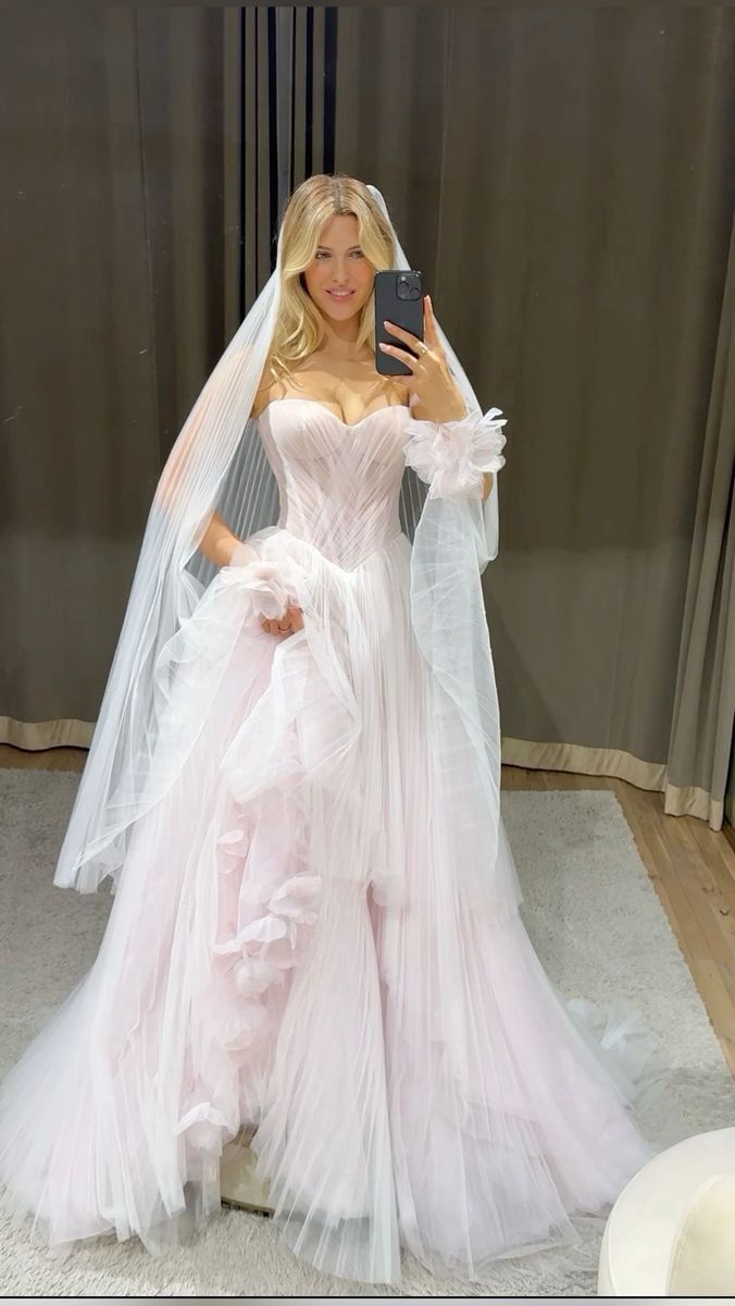 Ethereal Blush Sweetheart Neck Pleated Tulle Blush A-Line Wedding Dress With 3D Petals & Chapel Train AE064