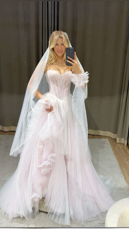 Ethereal Blush Sweetheart Neck Pleated Tulle Blush A-Line Wedding Dress With 3D Petals & Chapel Train AE064