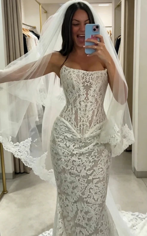 Vintage White Strapless Allover Floral Lace Mermaid Wedding Dress With Chapel Train AE067