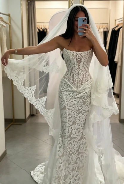 Vintage White Strapless Allover Floral Lace Mermaid Wedding Dress With Chapel Train AE067