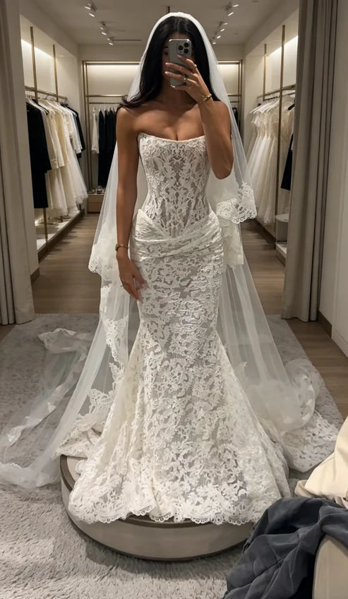 Vintage White Strapless Allover Floral Lace Mermaid Wedding Dress With Chapel Train AE067