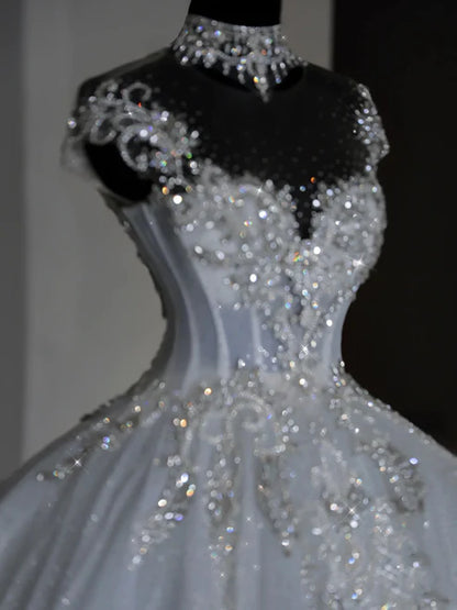 Luxury Silver High Neck Illusion Sweetheart Rhinestone Glitter Tulle Ball Gown Wedding Dress & Cathedral Train AE068