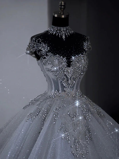 Luxury Silver High Neck Illusion Sweetheart Rhinestone Glitter Tulle Ball Gown Wedding Dress & Cathedral Train AE068
