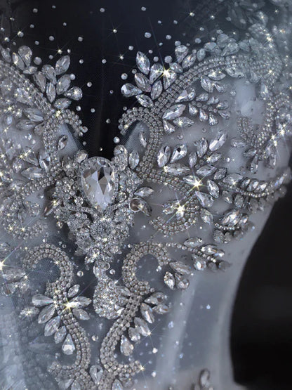 Luxury Silver High Neck Illusion Sweetheart Rhinestone Glitter Tulle Ball Gown Wedding Dress & Cathedral Train AE068