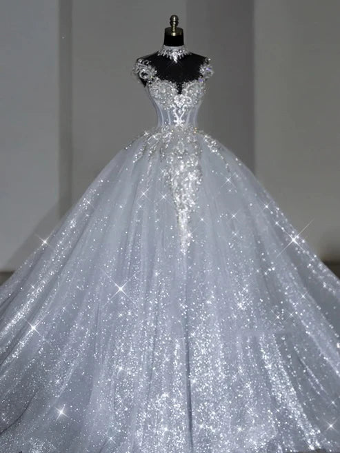 Luxury Silver High Neck Illusion Sweetheart Rhinestone Glitter Tulle Ball Gown Wedding Dress & Cathedral Train AE068