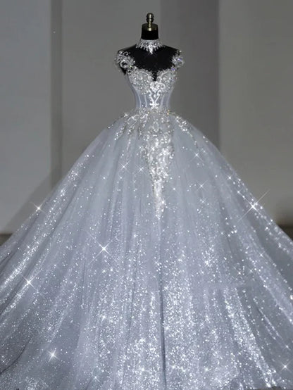Luxury Silver High Neck Illusion Sweetheart Rhinestone Glitter Tulle Ball Gown Wedding Dress & Cathedral Train AE068