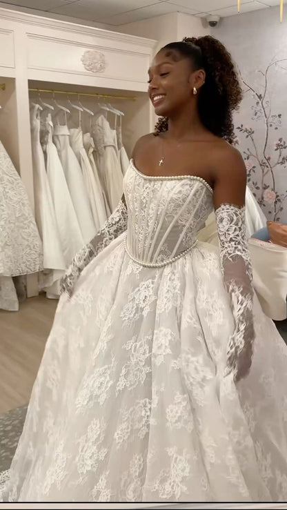 Classic Ivory Strapless Pearl Trim Corset Lace Ball Gown Wedding Dress With Back Bow & Chapel Train AE069