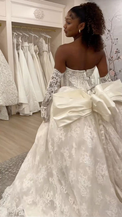 Classic Ivory Strapless Pearl Trim Corset Lace Ball Gown Wedding Dress With Back Bow & Chapel Train AE069
