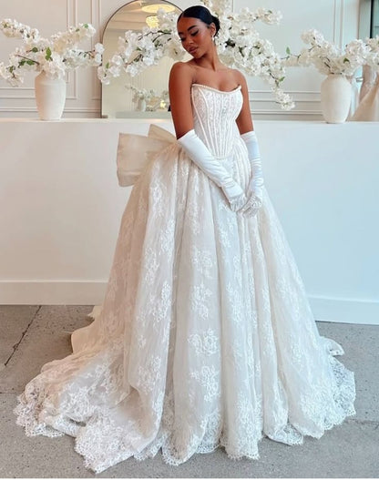 Classic Ivory Strapless Pearl Trim Corset Lace Ball Gown Wedding Dress With Back Bow & Chapel Train AE069