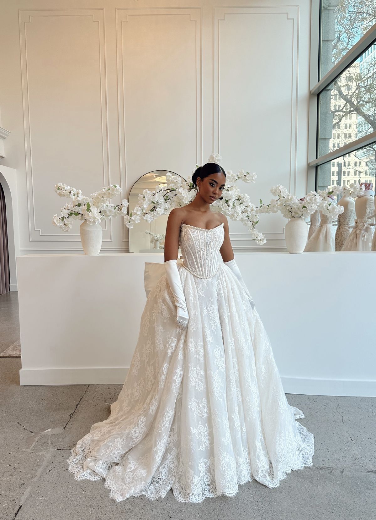 Classic Ivory Strapless Pearl Trim Corset Lace Ball Gown Wedding Dress With Back Bow & Chapel Train AE069