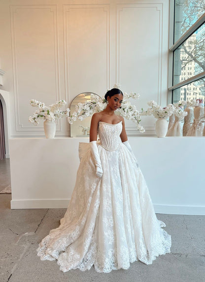 Classic Ivory Strapless Pearl Trim Corset Lace Ball Gown Wedding Dress With Back Bow & Chapel Train AE069