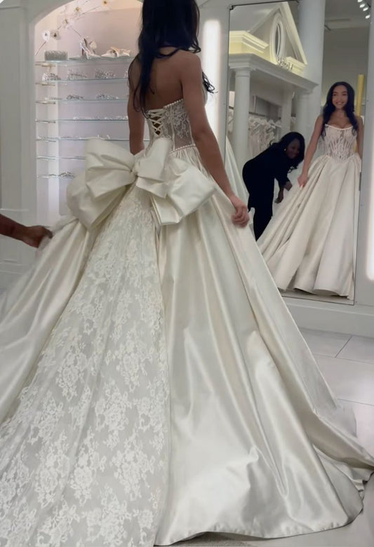 Luxury Ivory Pearl Trim Strapless Lace-Up Corset Back Satin Lace Ball Gown Wedding Dress With Oversized Back Bow & Cathedral Train AE070