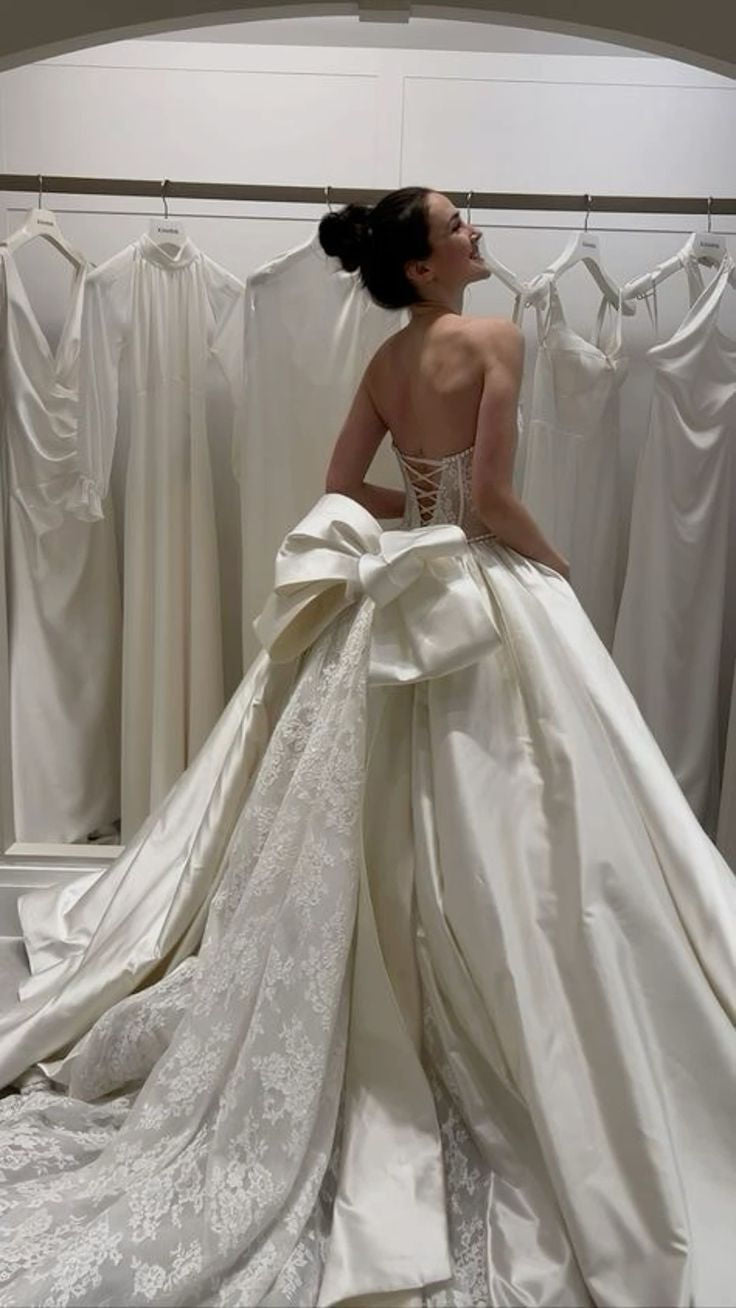 Luxury Ivory Pearl Trim Strapless Lace-Up Corset Back Satin Lace Ball Gown Wedding Dress With Oversized Back Bow & Cathedral Train AE070