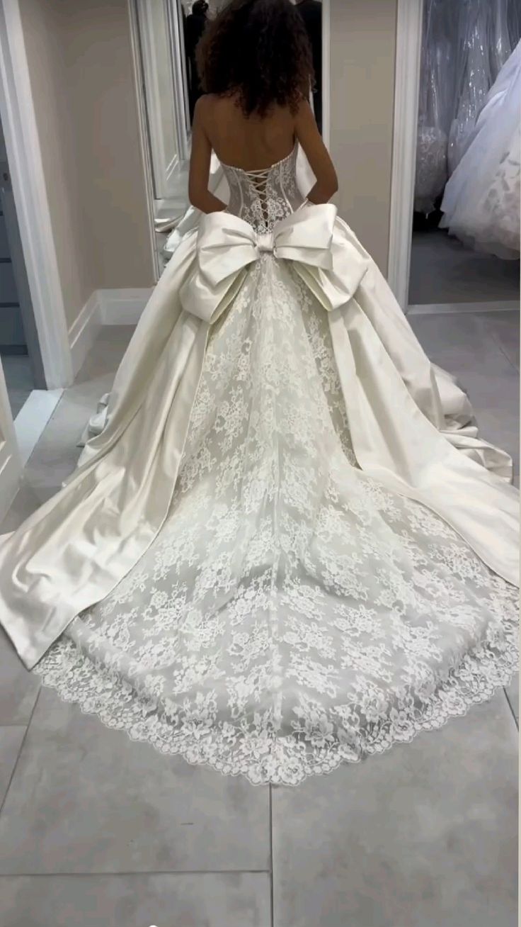 Luxury Ivory Pearl Trim Strapless Lace-Up Corset Back Satin Lace Ball Gown Wedding Dress With Oversized Back Bow & Cathedral Train AE070