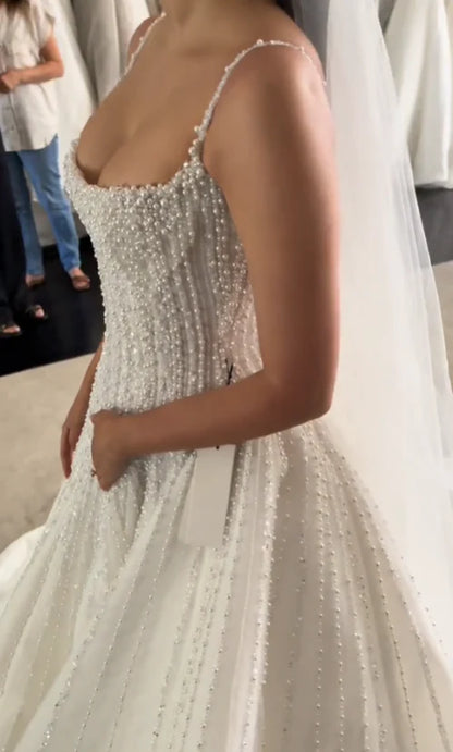 Luxury White Vertical Pearl Beaded Spaghetti Strap Square Neck A-Line Wedding Dress & Chapel Train AE071