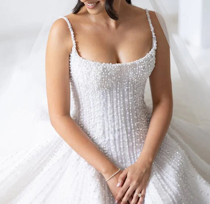 Luxury White Vertical Pearl Beaded Spaghetti Strap Square Neck A-Line Wedding Dress & Chapel Train AE071