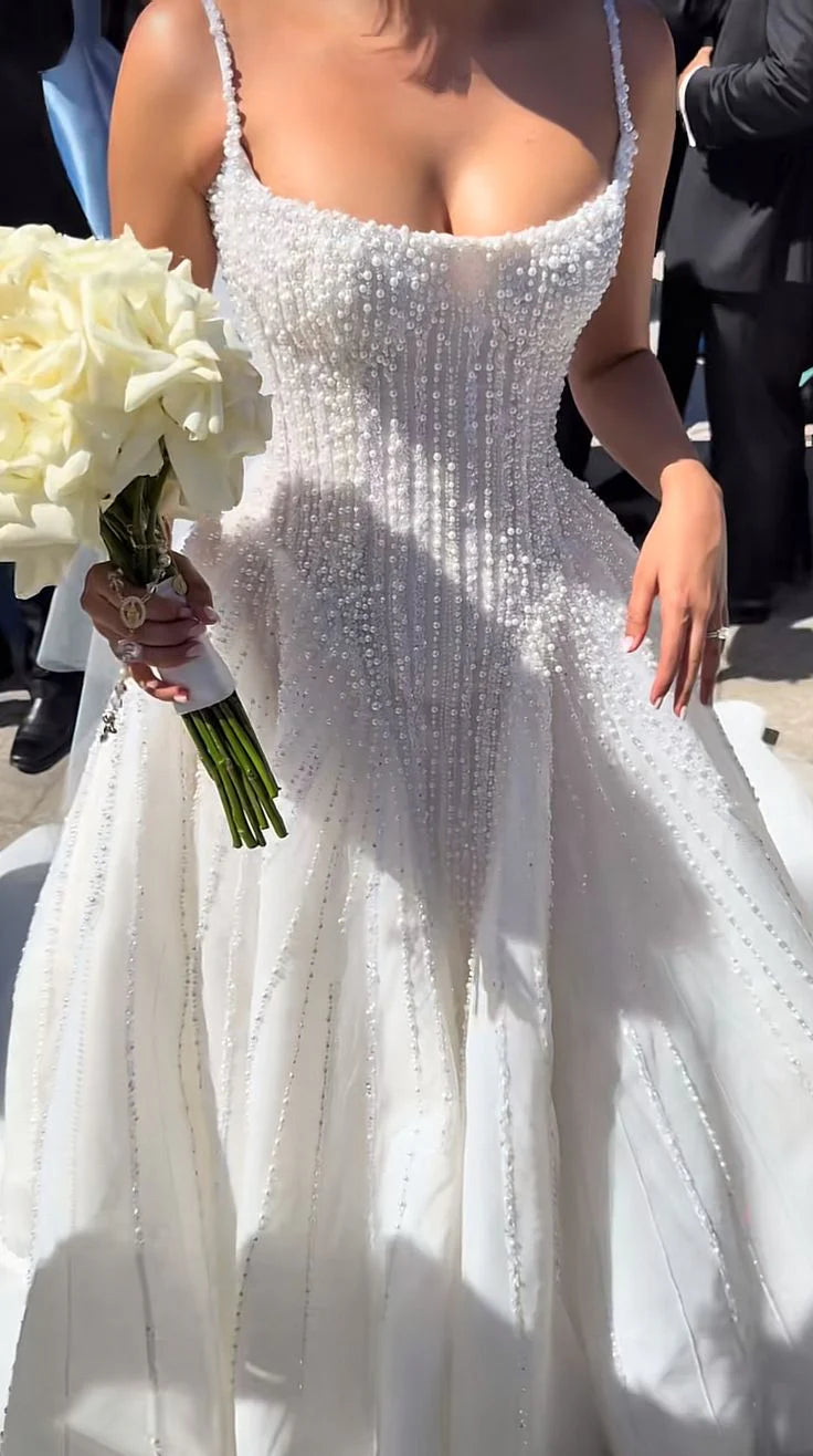 Luxury White Vertical Pearl Beaded Spaghetti Strap Square Neck A-Line Wedding Dress & Chapel Train AE071