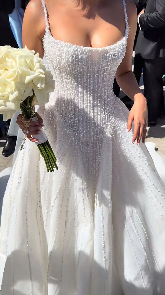 Luxury White Vertical Pearl Beaded Spaghetti Strap Square Neck A-Line Wedding Dress & Chapel Train AE071