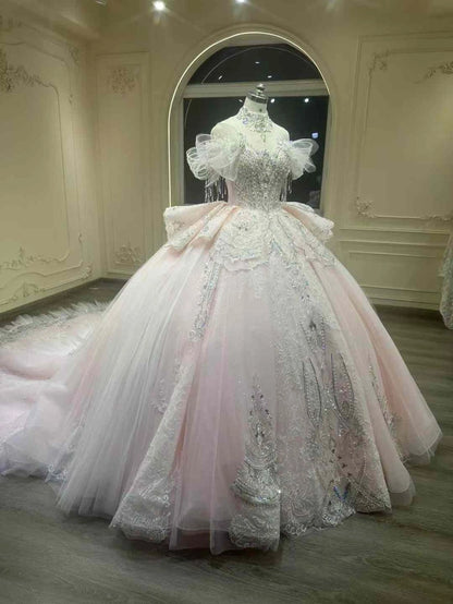 Dreamy Blush Glitter Tulle Off Shoulder Fringe Beaded Sleeve Rhinestone Lace Corset Ball Gown Wedding Dress With Cathedral Train AE072